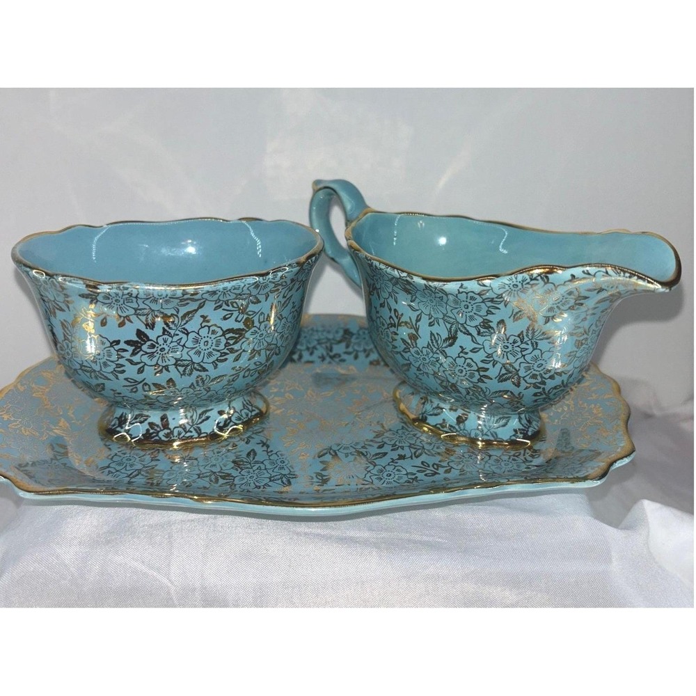 James Kent Staffordshire Old Foley Turquoise Floral Gold Creamer Sugar Bowl Tray